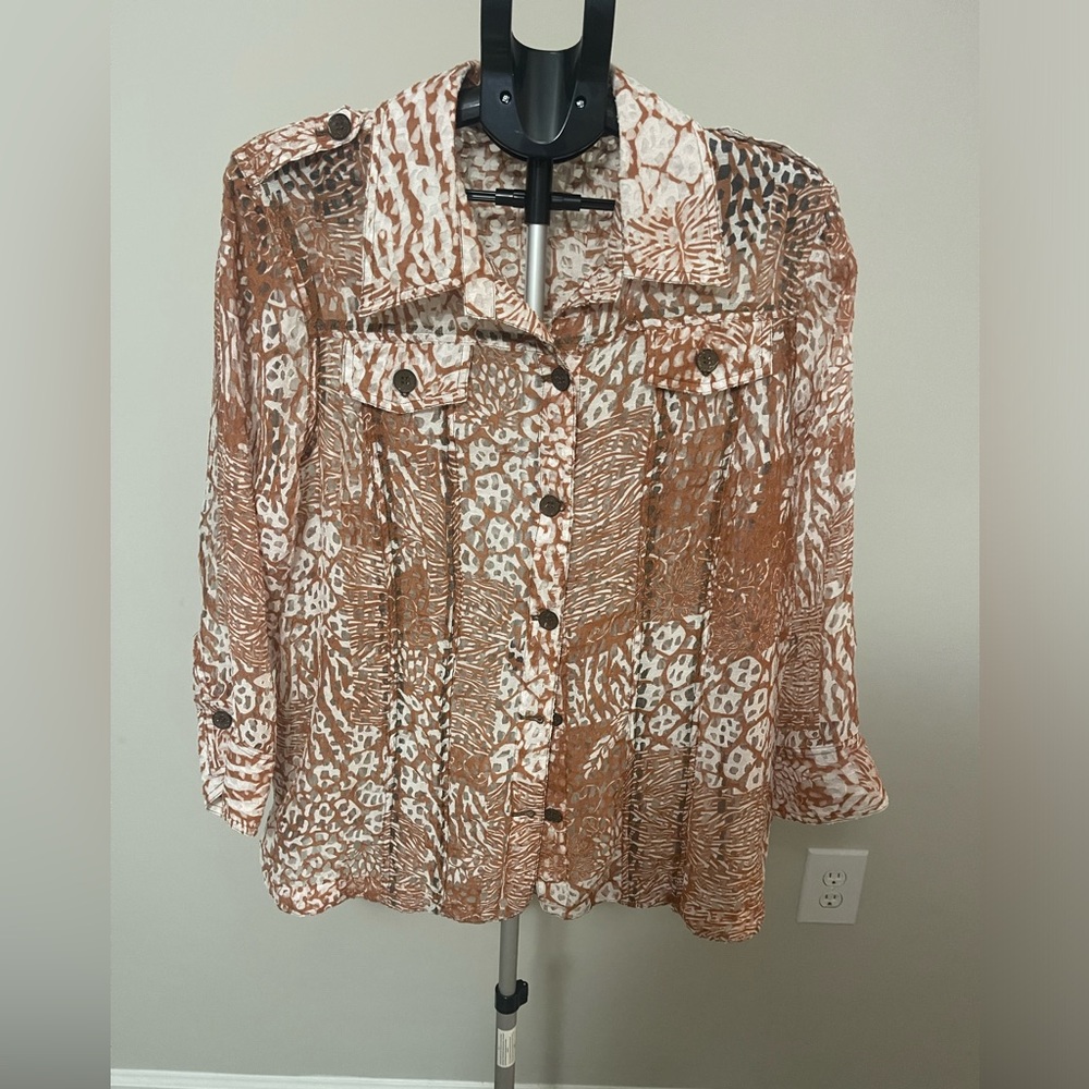 Multiples Brown and White Patterned Button-Down S… - image 1